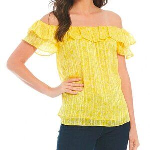 Michael Kors Yellow Off the Shoulder Ruffle Blouse Top Floral Short Sleeve NEW